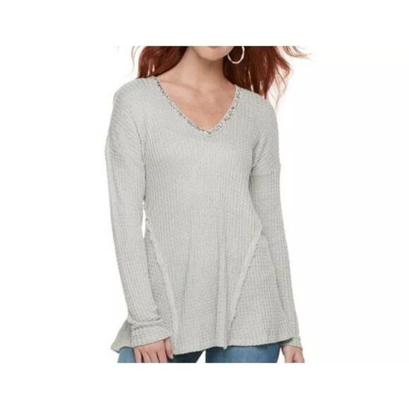 JUICY COUTURE GRAY METALLIC SILVER V-NECK WAFFLE KNIT SPARKLE PULLOVER SZ.L EUC. - Picture 1 of 8